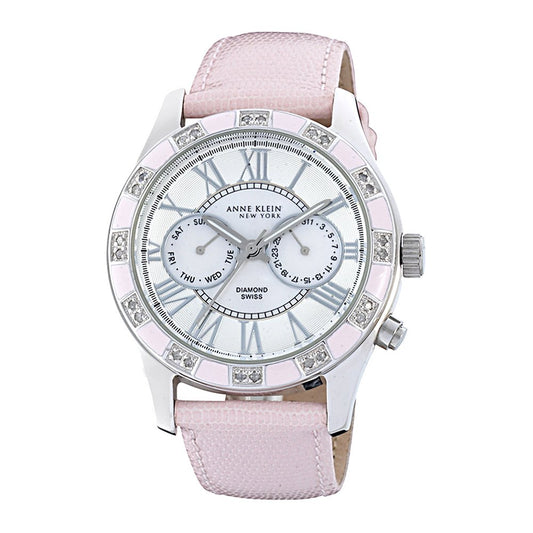 Anne Klein New York Women's 122019PMPK Genuine Diamond Silver-Tone Pink Enamel Multi-Function Strap Watch