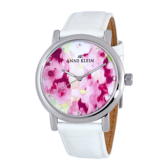 Anne Klein Women's 109193FLWT Silver-Tone Multi-Color Flower Dial with White Strap Watch