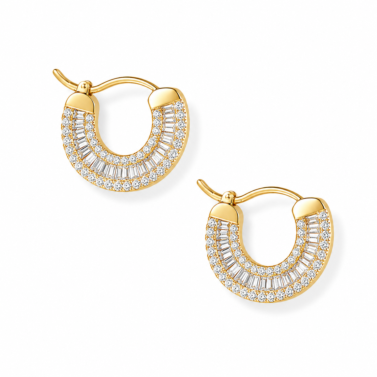 Baguette CZ Huggie Hoop Earrings 14K Gold Plated 925 Sterling Silver 236 CZs