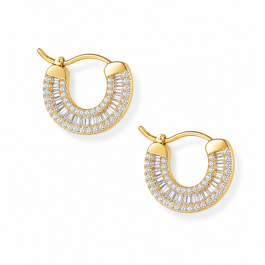 Baguette CZ Huggie Hoop Earrings 14K Gold Plated 925 Sterling Silver 236 CZs