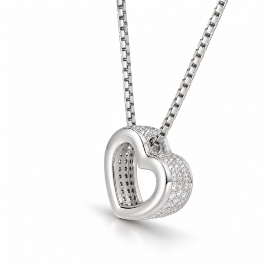 Pave CZ Floating Heart Necklace Rhodium 925 Silver 15.8mm 3-Row 16+2in