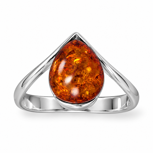 Baltic Amber V Ring 925 Sterling Silver Polished 11x9mm Poland Sizes 5-9