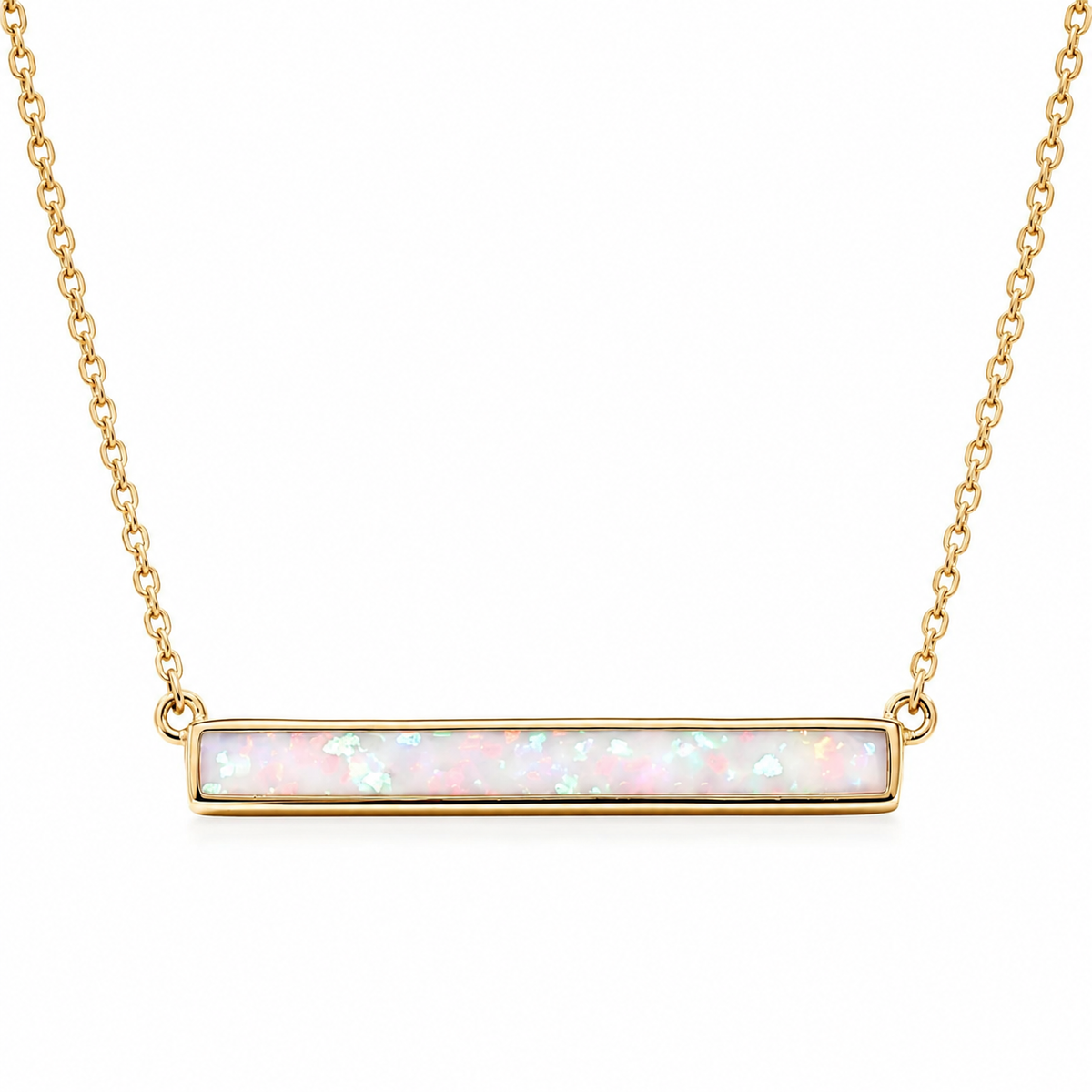 Synthetic White Opal Bar Necklace 14K Gold Plated 925 Silver Bezel 26x3mm 16+2in