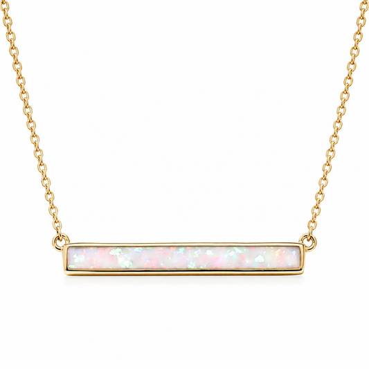 Synthetic White Opal Bar Necklace 14K Gold Plated 925 Sterling Silver 16+2"