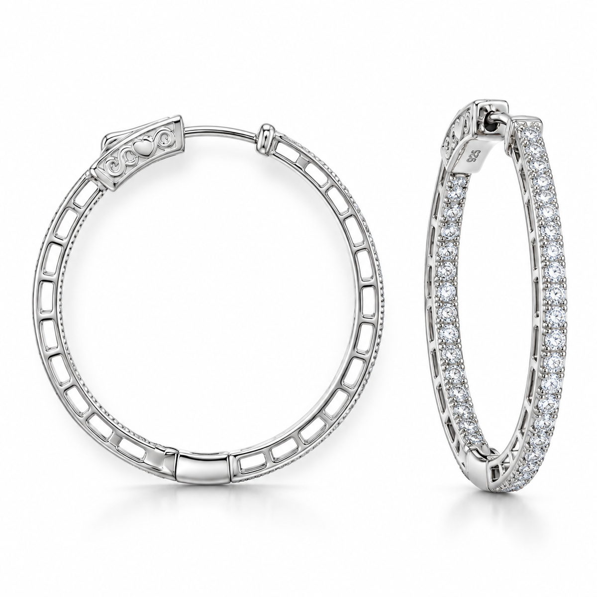 CZ Inside-Outside Round Hoop Earrings Rhodium Plated 925 Sterling Silver 30mm
