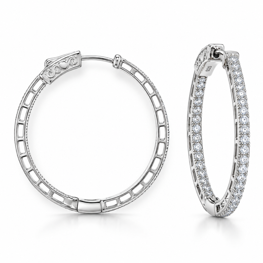CZ Inside-Outside Round Hoop Earrings Rhodium Plated 925 Sterling Silver 30mm