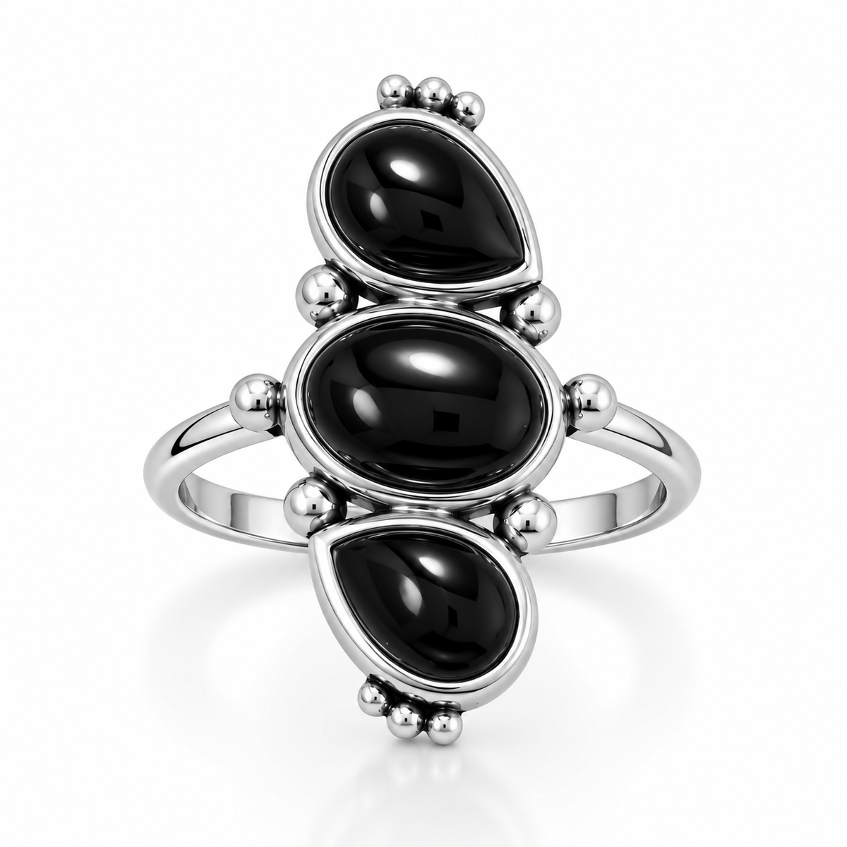 Sterling Silver Multi Shape Black Onyx Ring 925 Silver Oval 10x7mm Pear 9x6mm 2mm Sizes 6-9