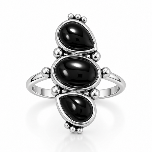 Sterling Silver Multi Shape Black Onyx Ring 925 Silver Oval 10x7mm Pear 9x6mm 2mm Sizes 6-9
