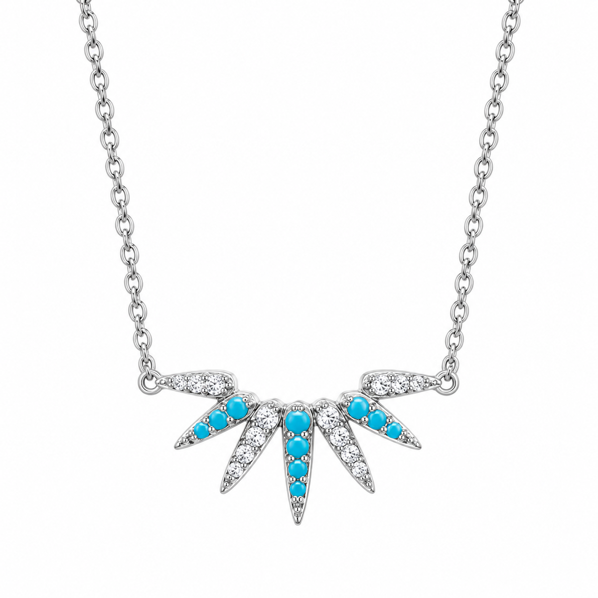 Sunray Spike Pendant Necklace Rhodium 925 Silver Turquoise CZ 20.3x9.3mm 16+2in