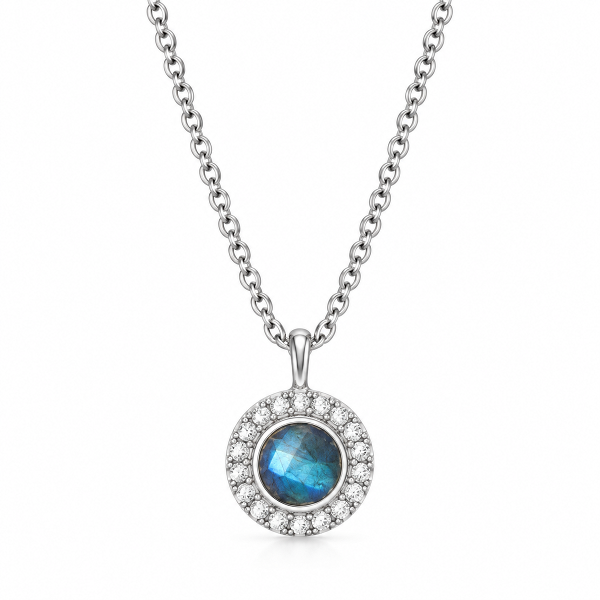 Labradorite CZ Halo Necklace Rhodium 925 Sterling Silver 4mm Center Stone 16+2in