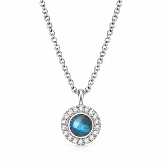 Labradorite CZ Halo Necklace Rhodium 925 Sterling Silver 4mm Center Stone 16+2in
