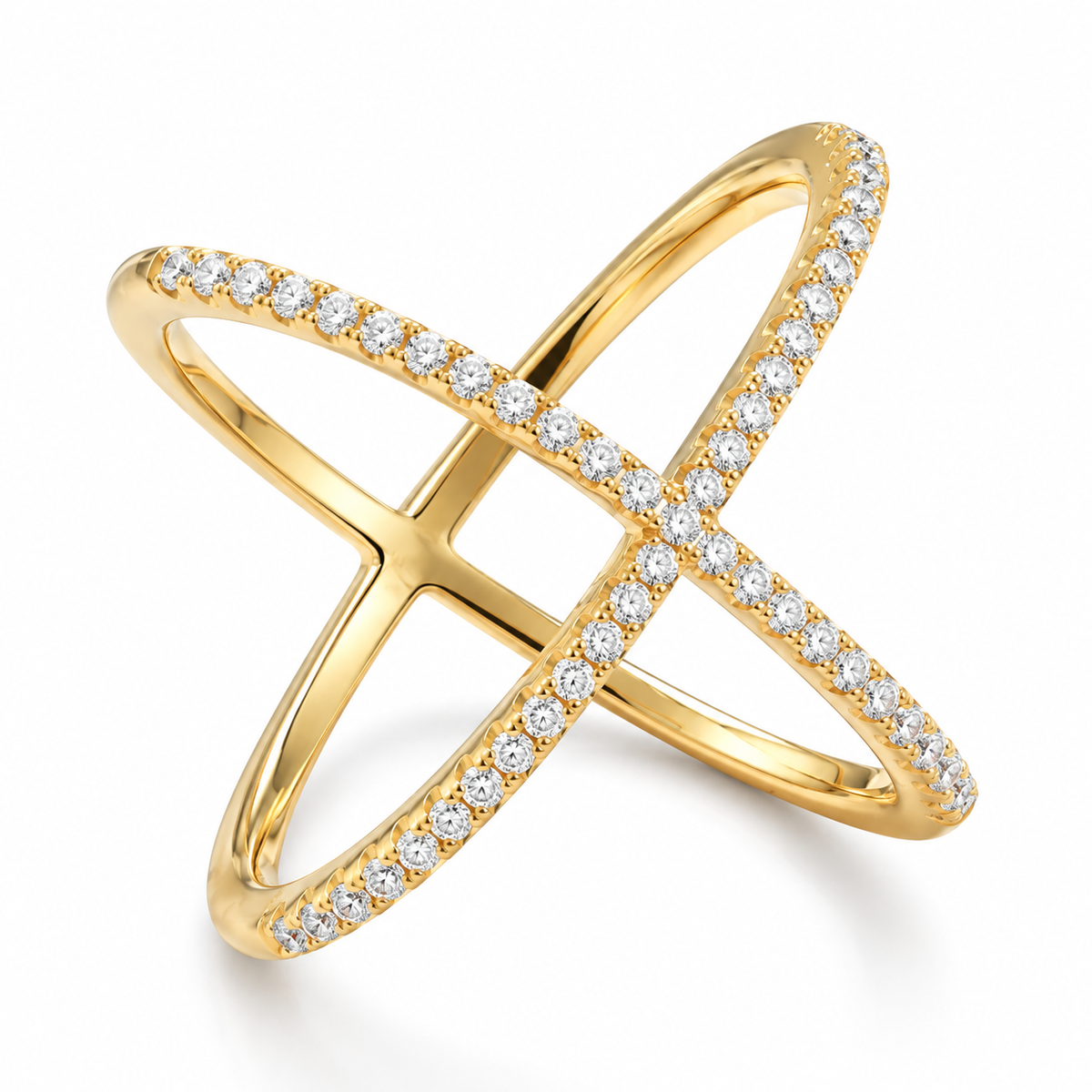 18K Gold Plated Criss Cross X Ring 925 Silver Signity CZ 20mm Polished Back