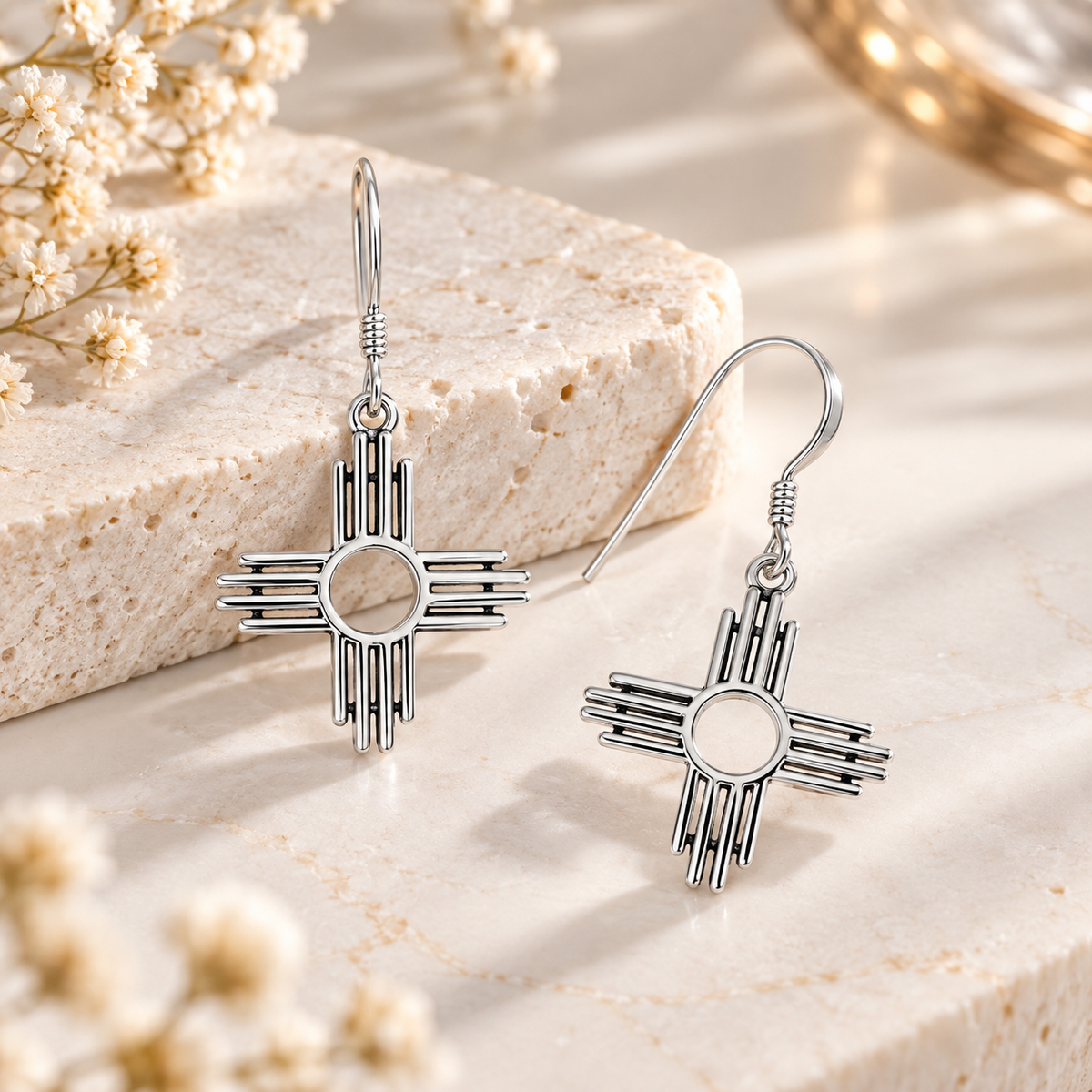 Zia Symbol French Wire Earrings 925 Sterling Silver 18.8mm Pueblo Design 34mm