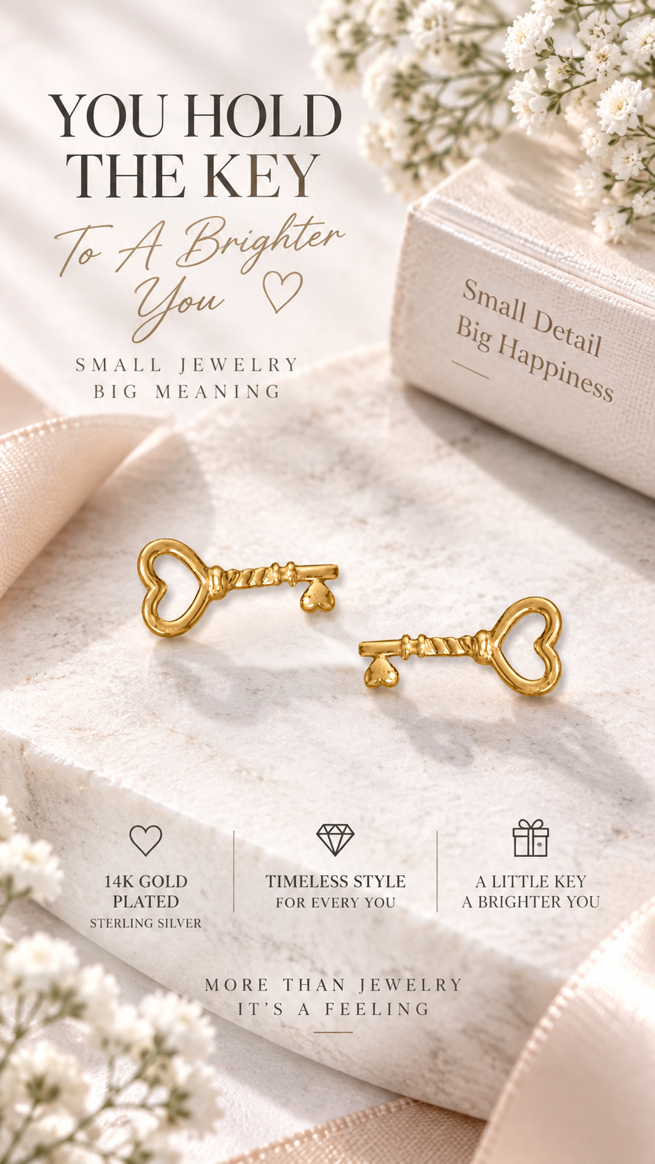 Heart Key Stud Earrings 14K Gold Plated 925 Sterling Silver 14.3mm