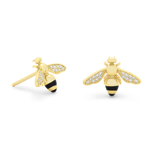 14 Karat Gold Plated CZ Bee Earrings