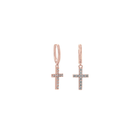 14 Karat Rose Gold Plated Hoop Earrings with CZ Cross