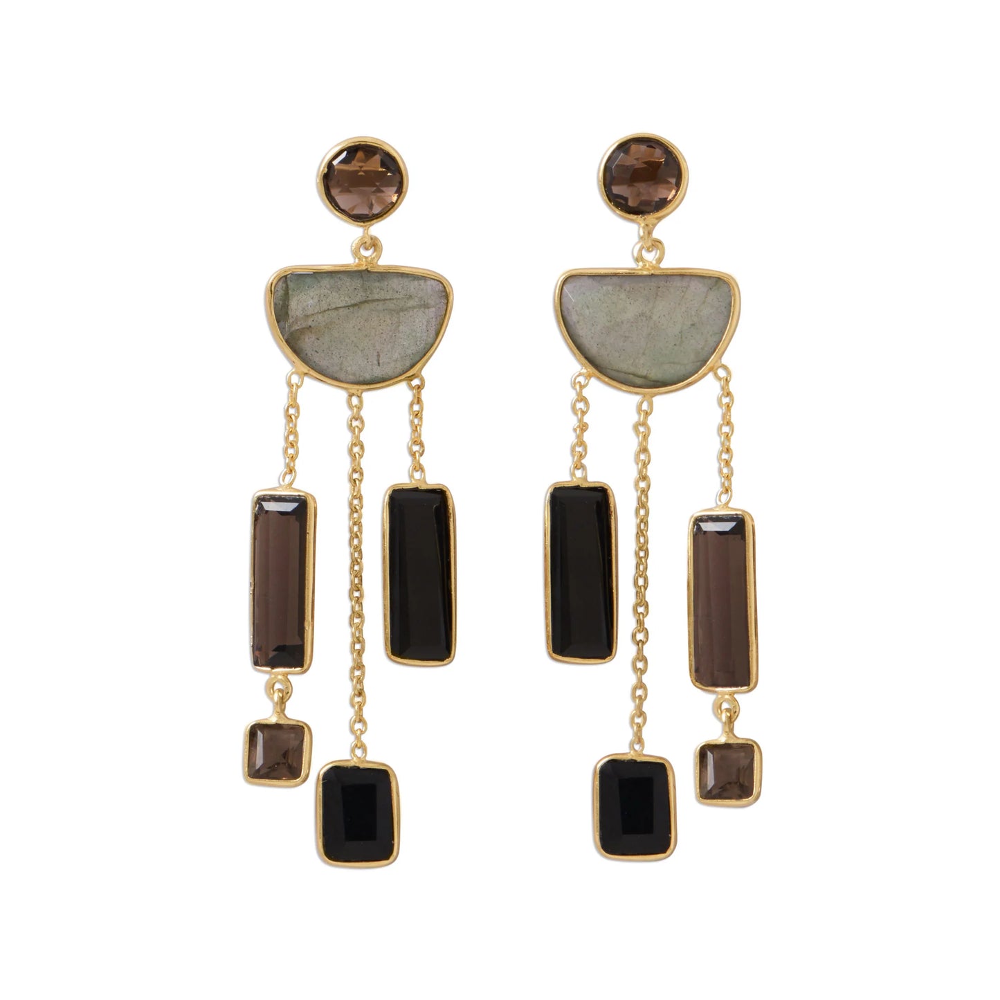 Labradorite Smoky Quartz Black Onyx Chandelier Earrings 14K Gold Plated 925 Silver 64mm