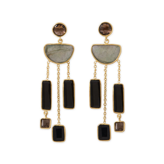 Earth Tones Cascade Earrings - Labradorite, Quartz & Onyx