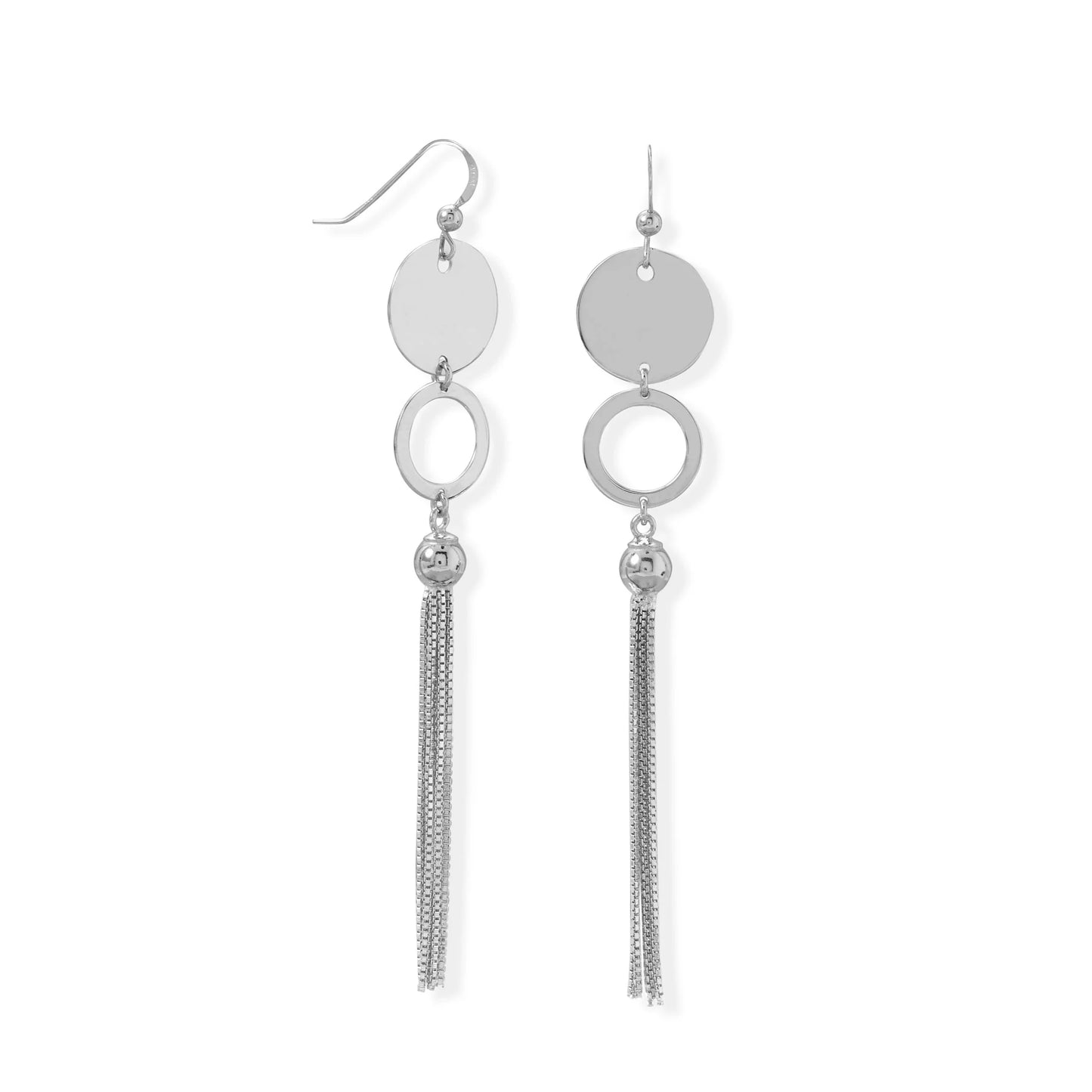 Rhodium Plated Disk and Circle Long Tassel Earring