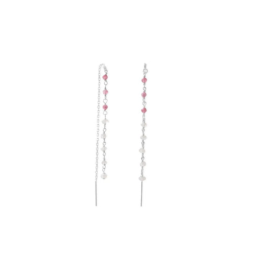 Rainbow Moonstone and Pink Tourmaline Threader Earrings
