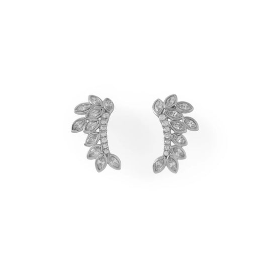 Rhodium Plated CZ Leaf Earrings