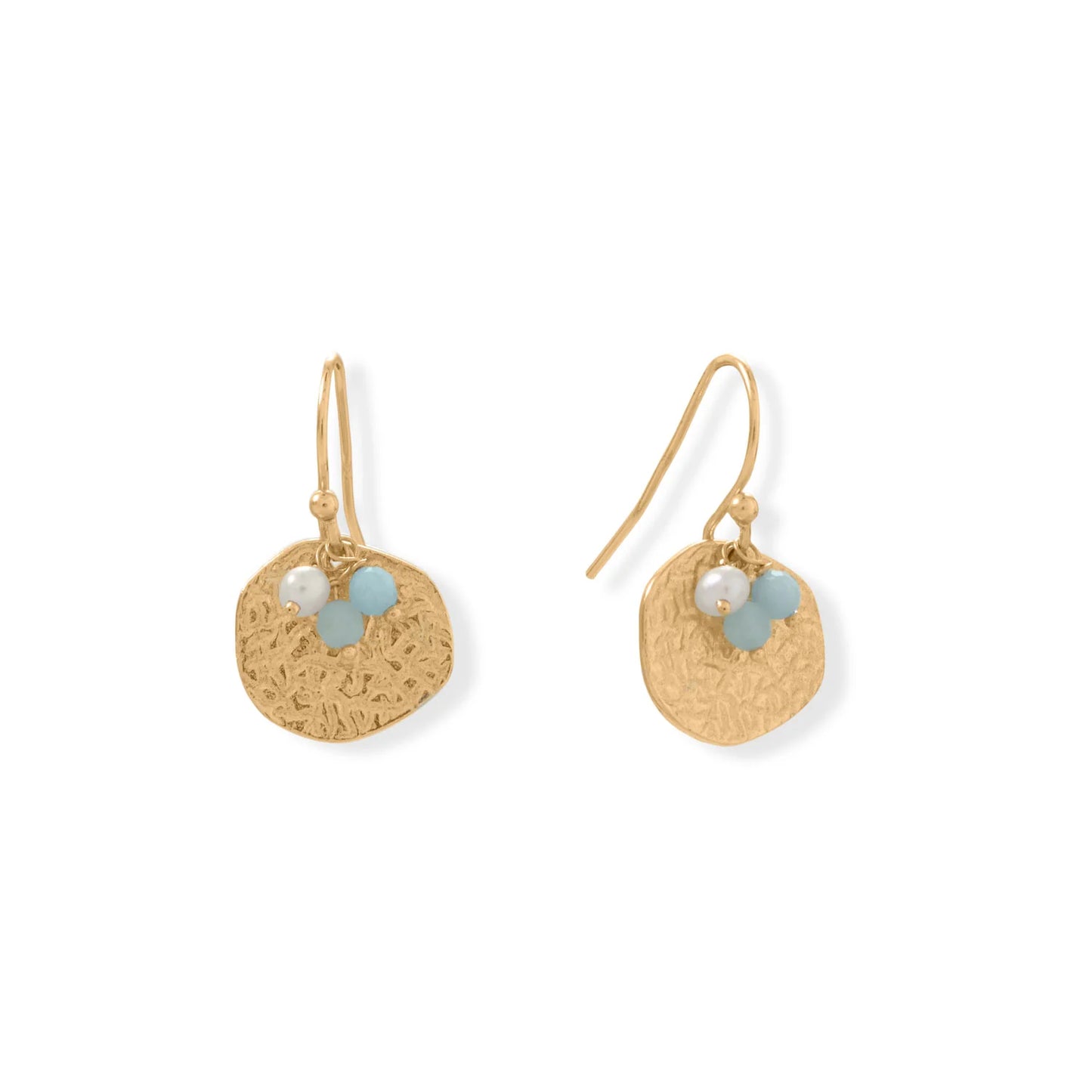 14 Karat Gold Plated Aquamarine and Pearl Disk Earring