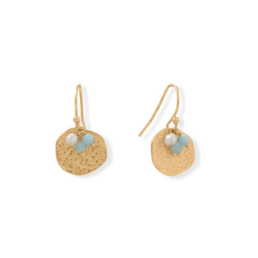 14 Karat Gold Plated Aquamarine and Pearl Disk Earring