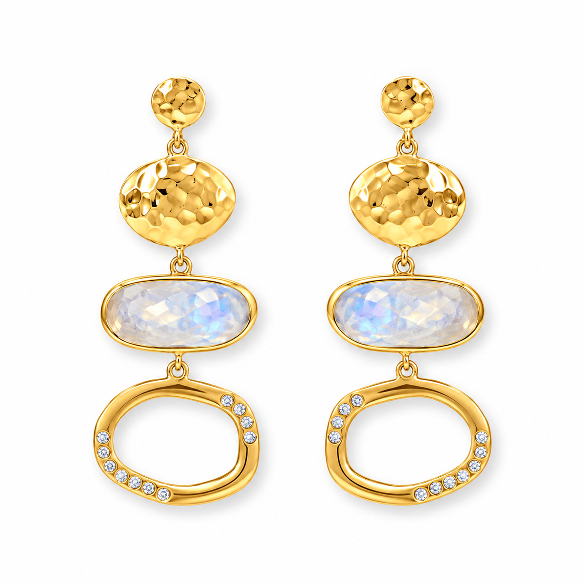 Rainbow Moonstone Statement Earrings 14K Gold Plated 925 Sterling Silver 41.5mm