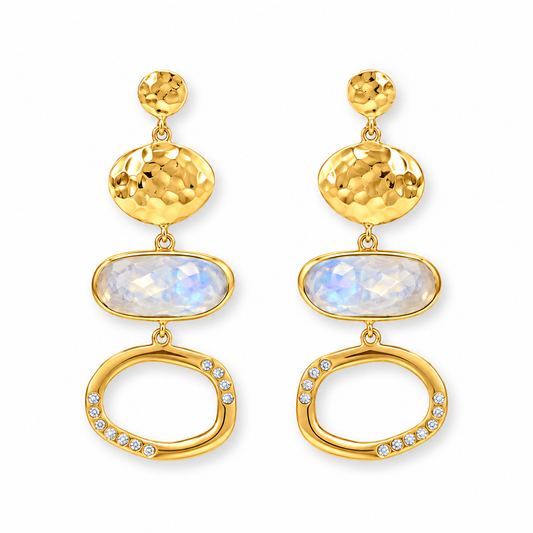 Rainbow Moonstone Statement Earrings 14K Gold Plated 925 Sterling Silver 41.5mm