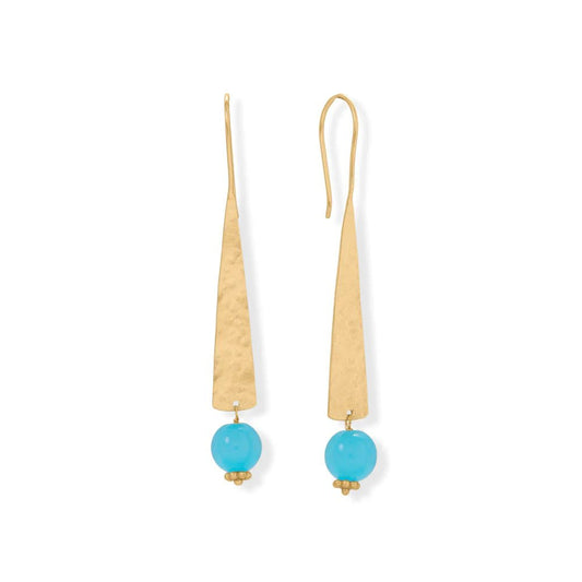 14K Gold Plated Aqua Chalcedony Earrings - Long & Hammered