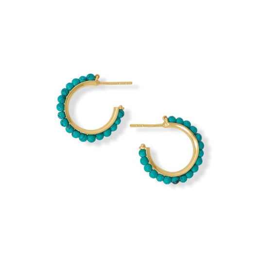 14K Gold Beaded Turquoise Hoop Earrings