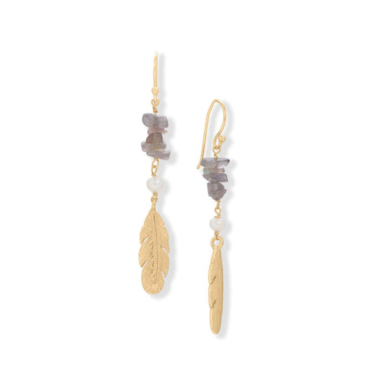 Stylish Cultured Pearl & Labradorite Feather Earrings