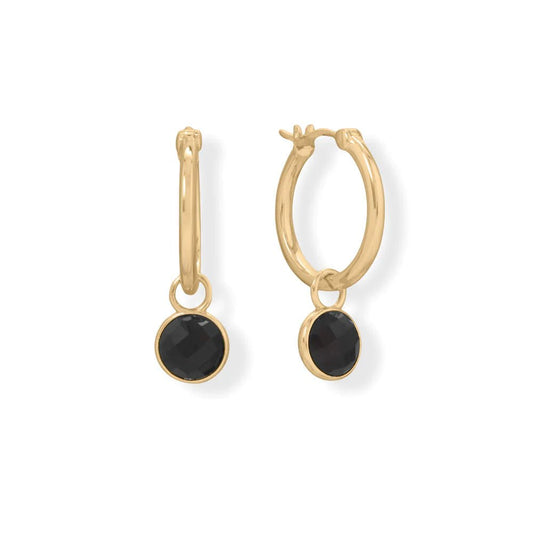 14K Gold Plated Hoop Earrings w/ Black Onyx Charm