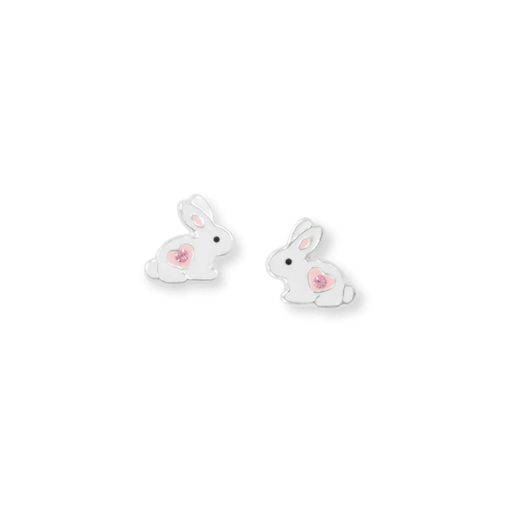 Bunny Stud Earrings White Enamel Pink Crystal 925 Sterling Silver 9.5mm
