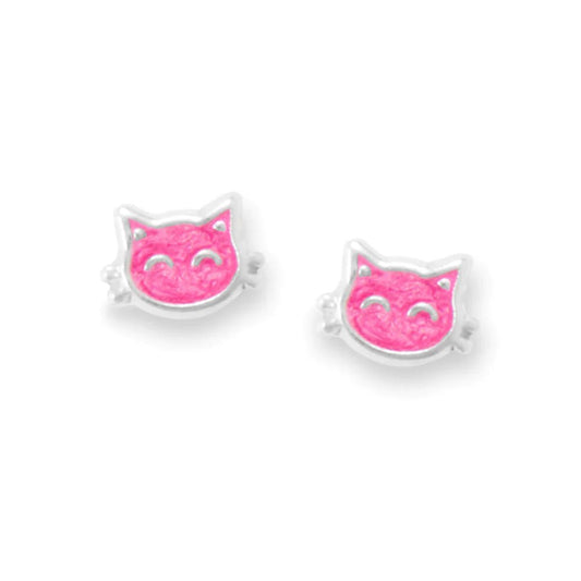 Kitty Cat Face Stud Earrings - Pink Enamel