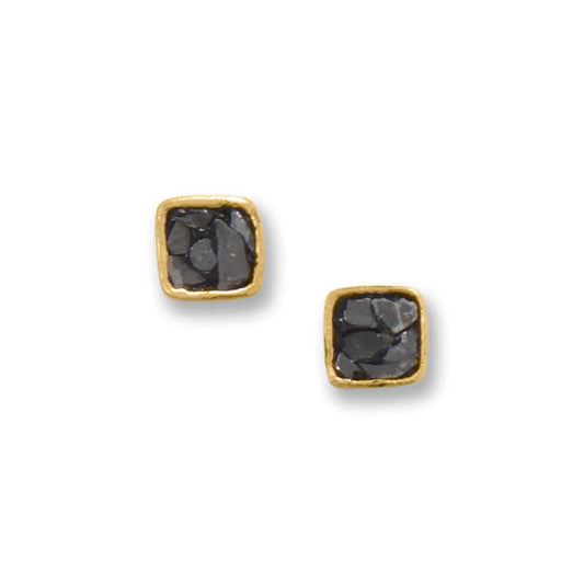 Elegant 14K Gold Plated Stud Earrings with Black Diamond Chips