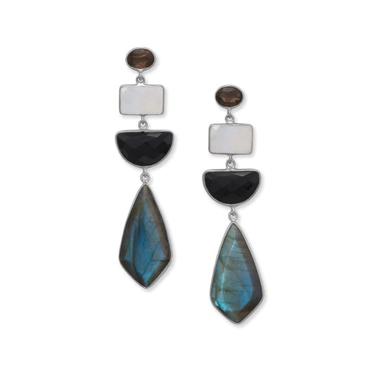 Rhodium-plated Geometric Drop Earrings Featuring Stone Accents