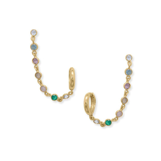 Gold Plated Hoop And Post Earrings With Multi-colored Stones