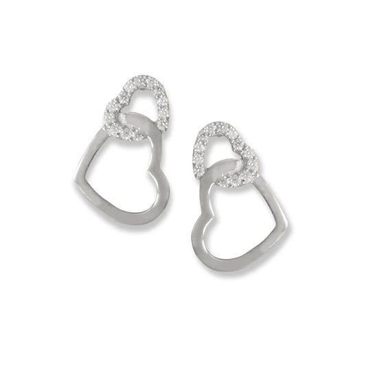Rhodium Plated Heart Drop Earrings with CZ Accents