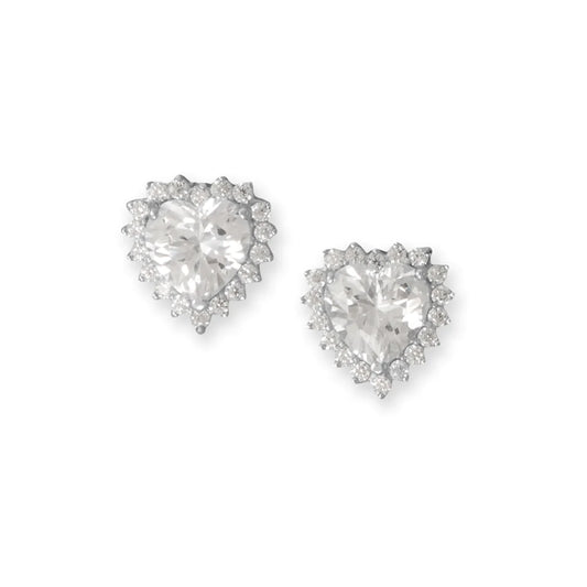 Rhodium Plated Heart Halo Earrings with CZ Studs