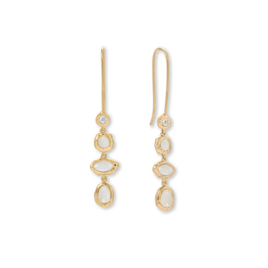 14K Gold Plated CZ & Moonstone Earrings - Hammered Design