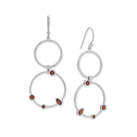 Hammered Circle Drop Earrings with Rhodium Plated Garnet Stones
