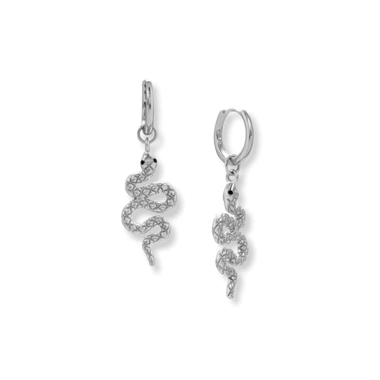 Rhodium Plated Hoops With Snake Charm and Cz Accents