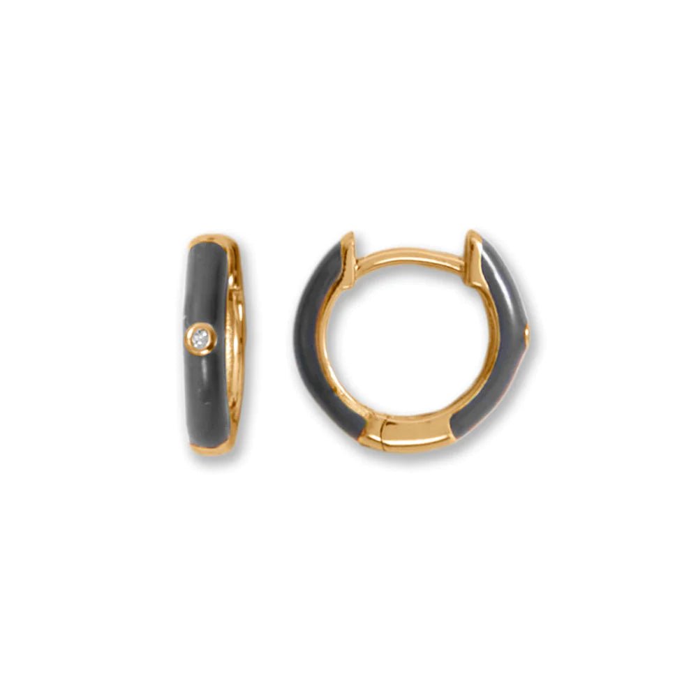 14K Gold Plated CZ Hoop Earrings with Grey Enamel