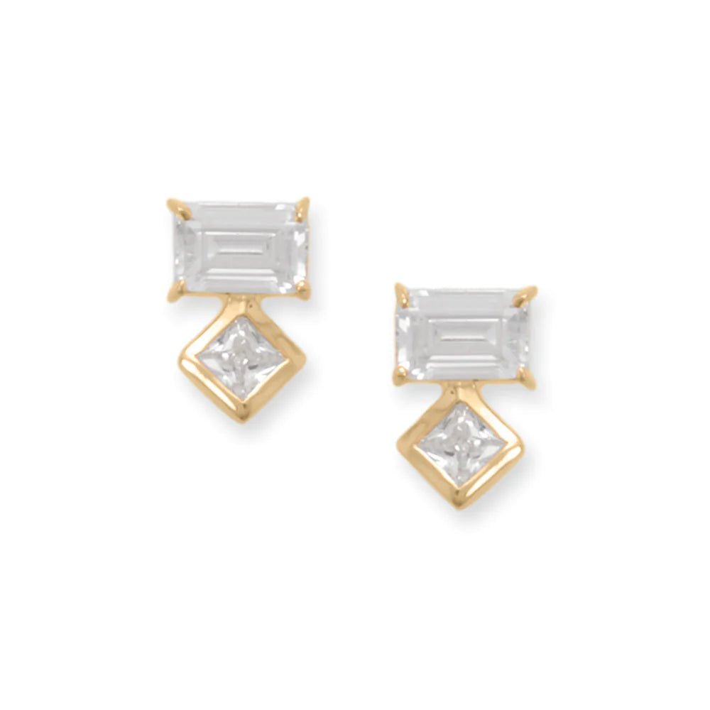 14K Gold-Plated CZ Earrings with Baguette & Square Cut Stones