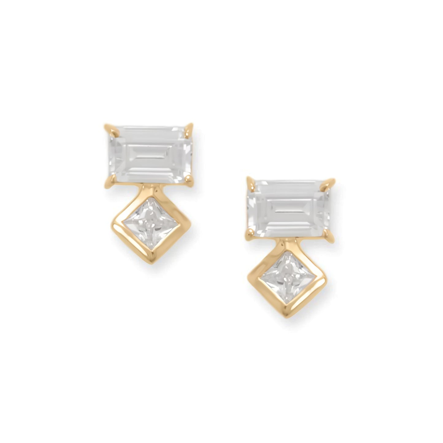 14 Karat Gold Plated Sterling Silver Baguette and Square CZ Stud Earrings, 4x6mm and 3.5mm