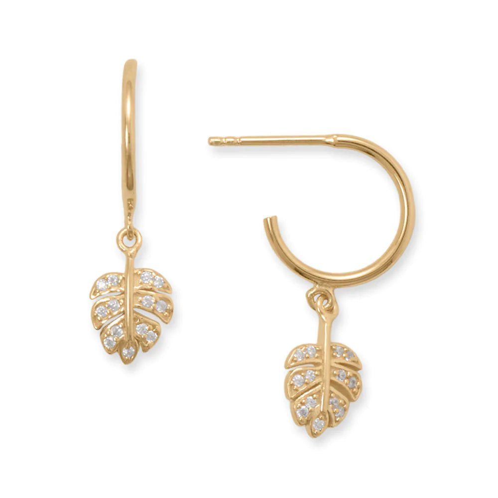 14K Gold Plated CZ Leaf Charm Earrings