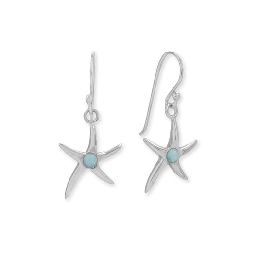Rhodium Plated Larimar Starfish Earrings