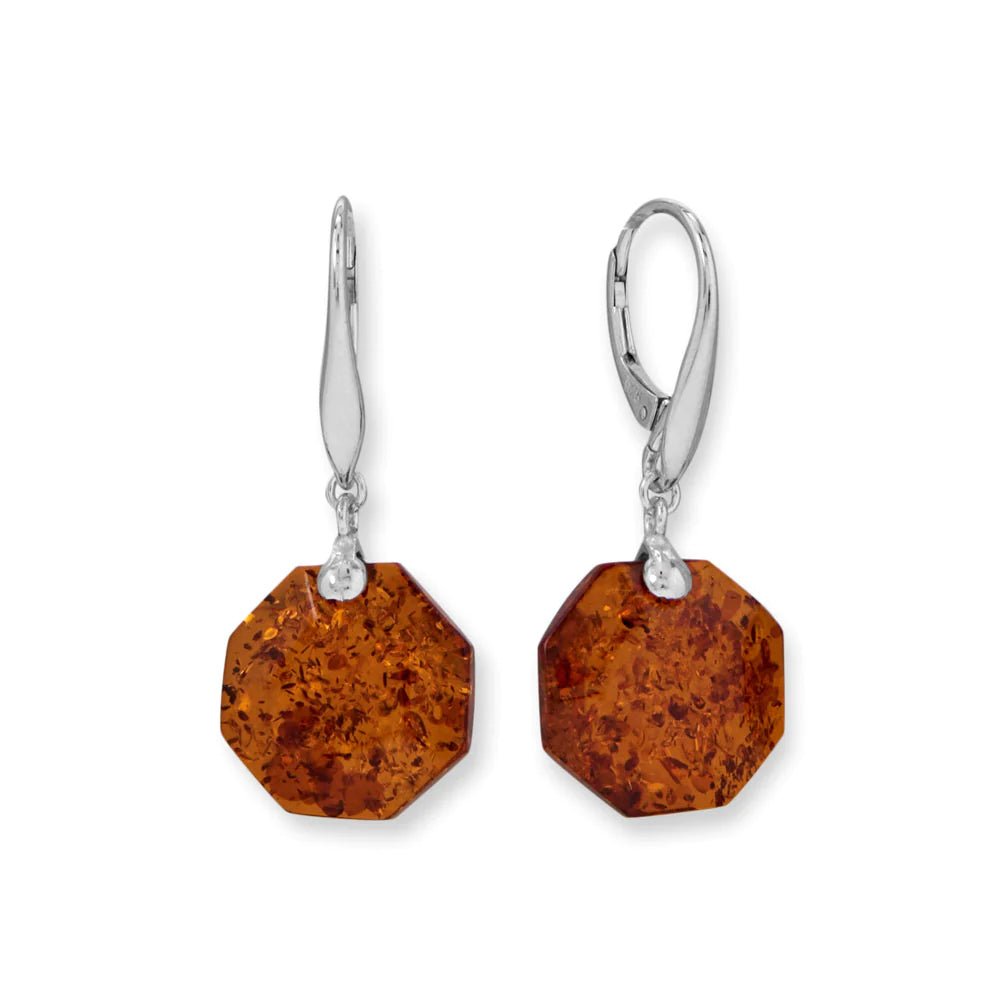 Rhodium Plated Baltic Amber Lever Earrings in Octagon Shape