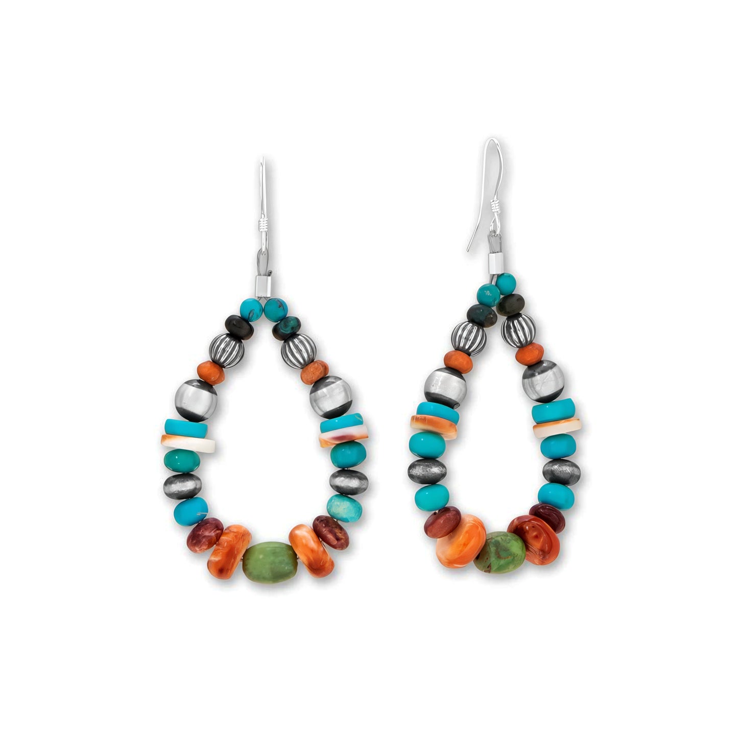 Sterling Silver Multi-Stone Pear Drop Earrings, Turquoise and Spiny Oyster, French Wire, 59mm Length, Handcrafted in USA